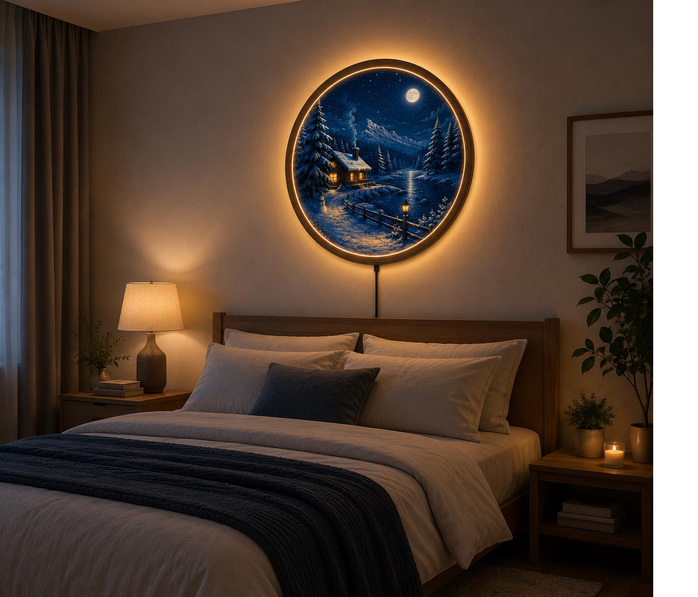 Round Snow Mountain Winter Cabin LED Wall Light