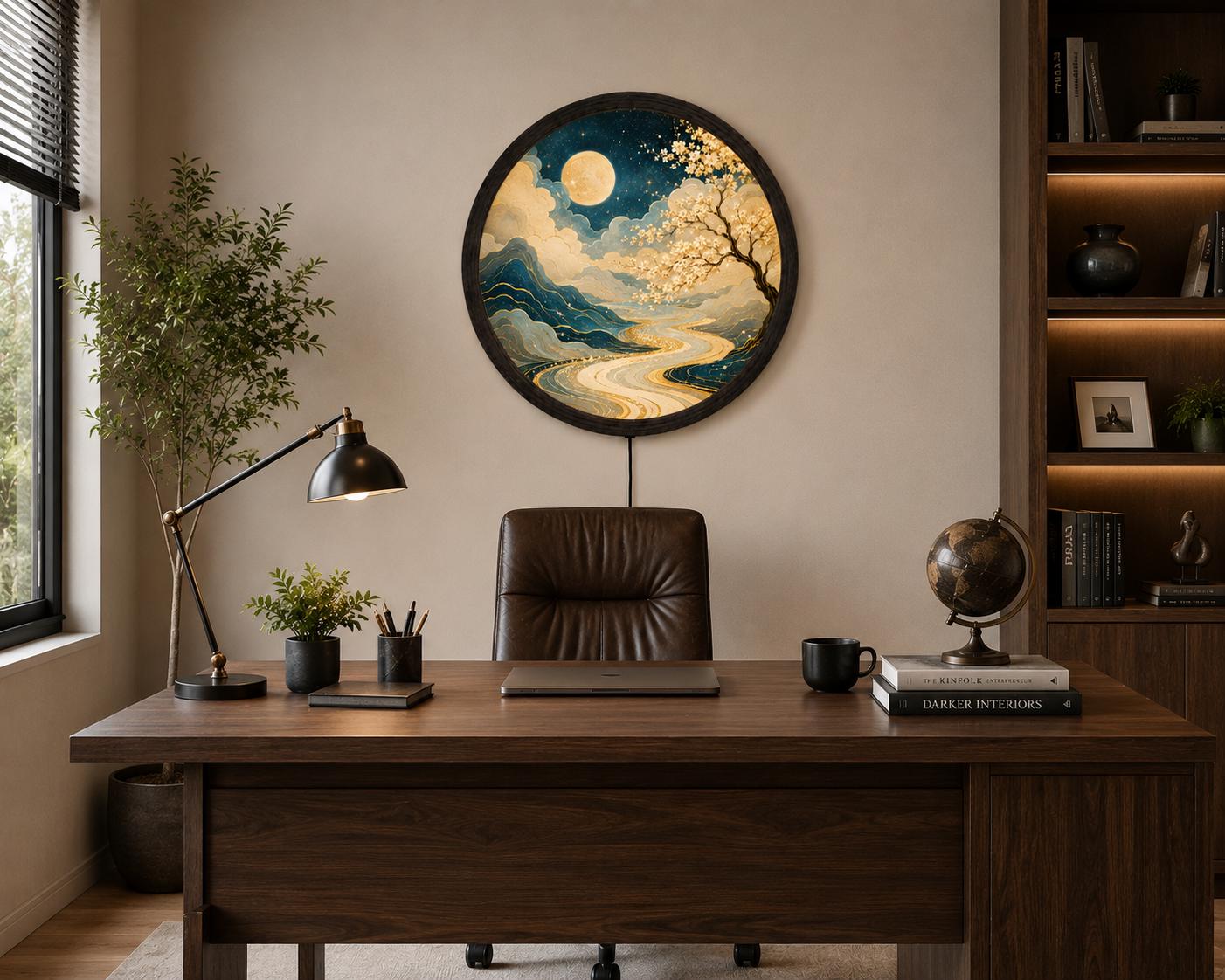 Round Mountain View Moonlight Flower River LED Wall Lamp